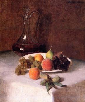 亨利 方丹 拉圖爾 A Carafe of Wine and Plate of Fruit on a White Tablecloth
